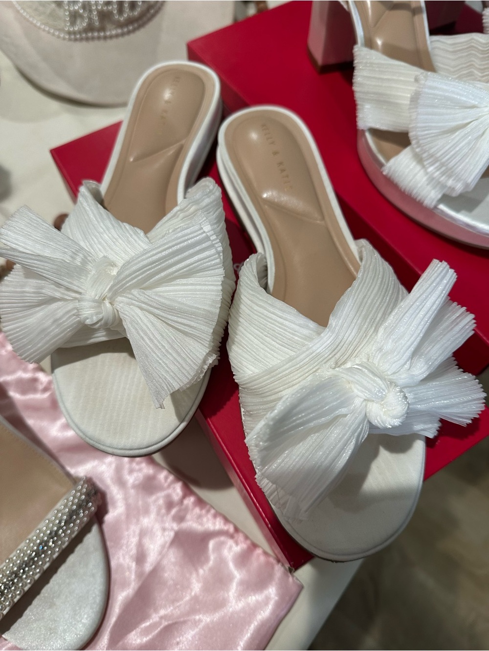 Kelly & Katie White Pleated Bow Slide Mules